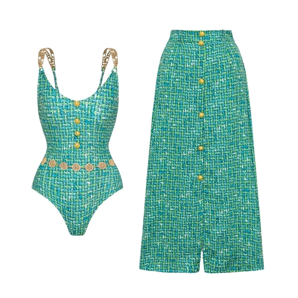 Tweed chain strap bikini and matching midi skirt.
