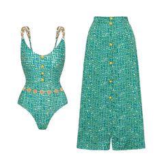 Tweed chain strap bikini and matching midi skirt.