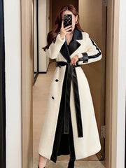 Contrast Color Patchwork Overcoat with Belt