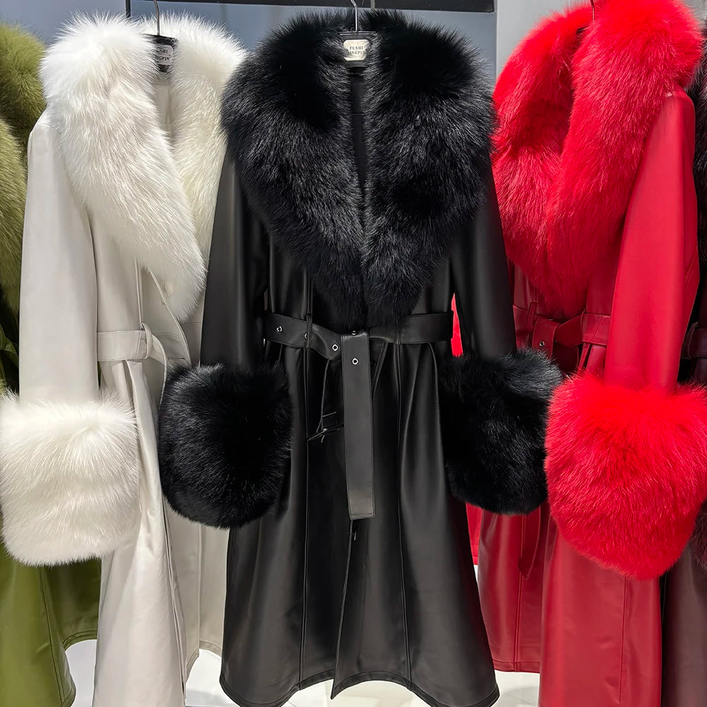 Black coat with fur trim hanging among other colorful coats.