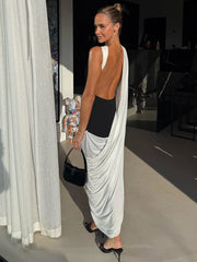Side view of colorblock draped midi dress