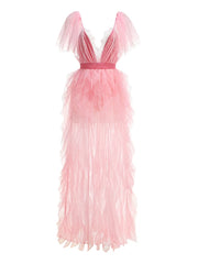 Pink V-Neck Ruffle Tulle High Slit Dress