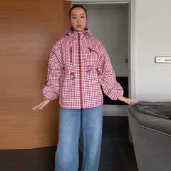 Gingham Drawstring Waist Hooded Jacket