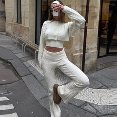 White Short Vest Cardigan and Flare Pant 3pcs Suit