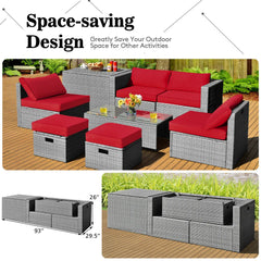 8PCS Patio Rattan Furniture Set Storage Waterproof Cover Red Cushion