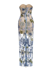 Strapless Sequin Embroidery Floral Sheath Maxi Dress