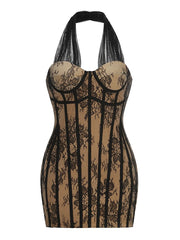 Halter Neck Floral Lace Sheath Mini Dress