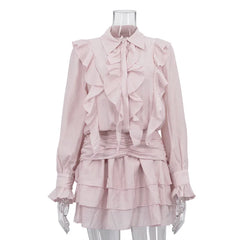 Pink Ruffled Tiered Collared Long Sleeve Mini Dress