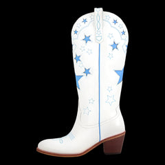 White knee-high Western cowgirl boots with star details.