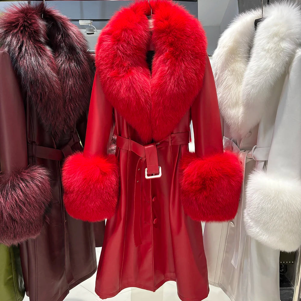 Red fur-trimmed coat with matching fur cuffs and collar displayed on a mannequin.