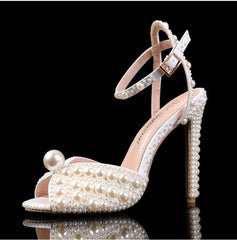 Pearls Studs Peep Toe High Heels Buckle Sandals
