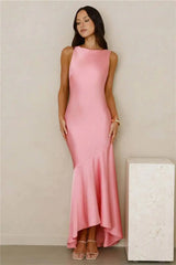 Satin Backless Asymmetrical Hem Maxi Dress