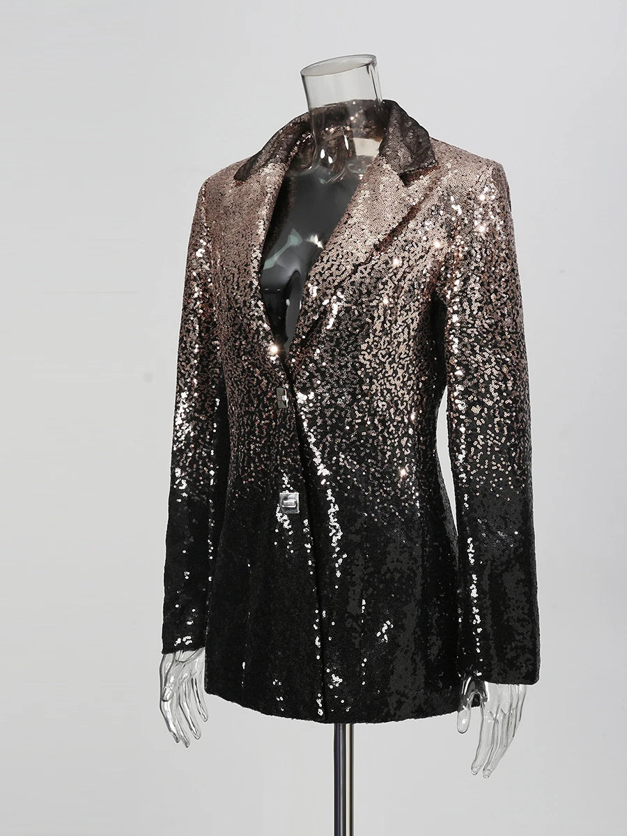 Black sequin jacket on a mannequin against a gray background