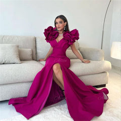 V-Neck Ruffles Puffy Sleeves A-line Satin Floor Length Prom Dress