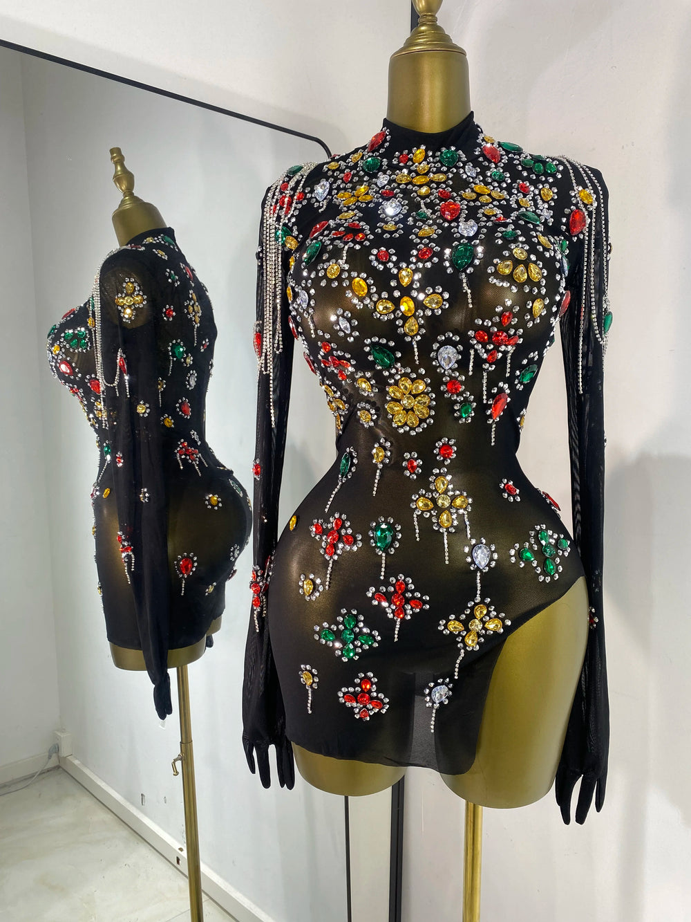 Black mesh rhinestone embellished turtleneck mini dress front view