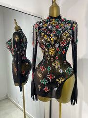 Black mesh rhinestone embellished turtleneck mini dress front view