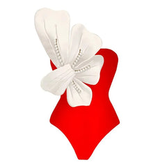 One-Piece Swimsuit With Pearl Embellishment and Matching Wrap Skirt
