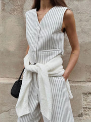 Striped Color Block Button Sleeveless Top and Commuting Pants Suit