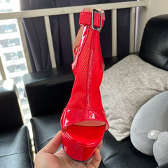  Handmade Women Platform Sandals Mesh Stiletto Heels Round Toe Black Red Party Shoes.