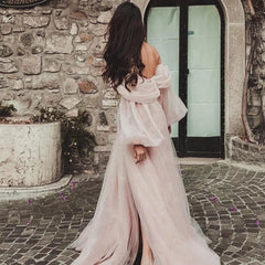 Pink Shiny Tulle Off The Shoulder Long Puff Sleeve Slit Prom Dress Golden Atelier