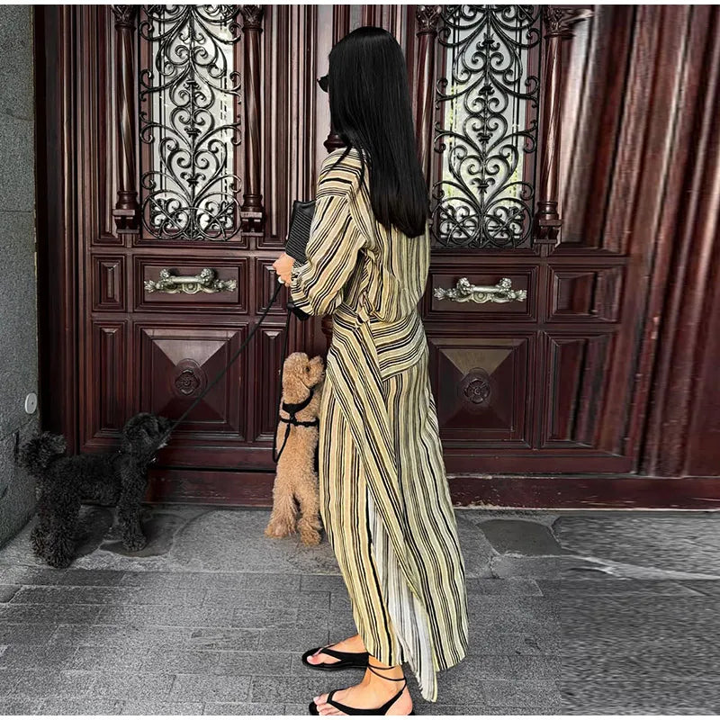 Back view of Striped V-Neck Maxi Dress