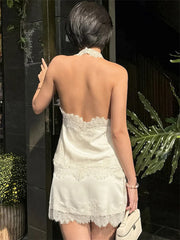 Lace Satin Patchwork Vest And Skirt Set