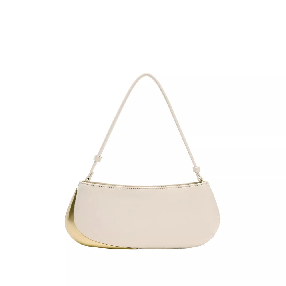 Beige handbag with gold accents on a white background