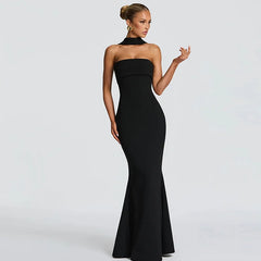 Elegant floor length dress shown in a refined silhouette
