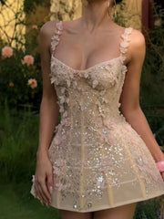 Floral appliqué sequin mini dress with spaghetti straps