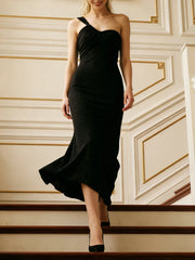 One-Shoulder Draped Glitter Midi Dress