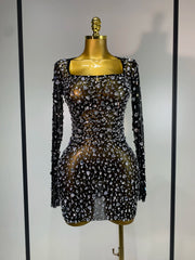 Black full sleeve crystal embellished mini dress