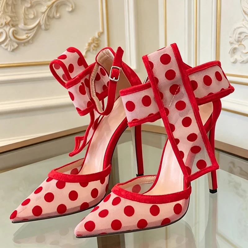 Polka dot mesh stiletto heels with red bow detail