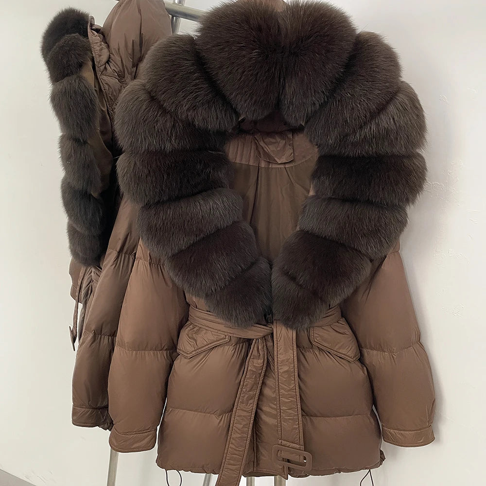 Brown puffer jacket with fur trim 