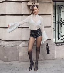 White Sheer Scarf Neck Frill Sleeve Top