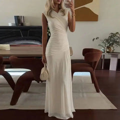 White Cross Neck Draped Maxi Dress