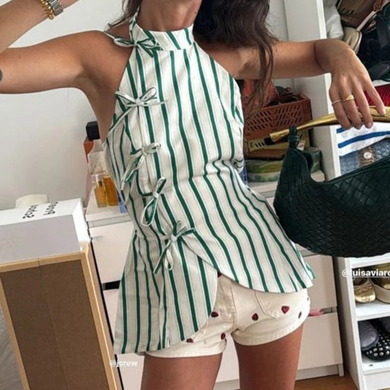 Striped halter tie-front crop top with green and white stripes