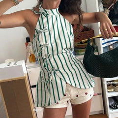 Striped halter tie-front crop top with green and white stripes