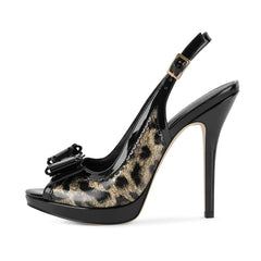 Leopard print patent leather Pumps with peep toe and bow detail