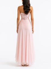 Pink floral corset maxi dress back view