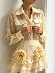Sheer Lapel Shirt and Floral Skirt Set