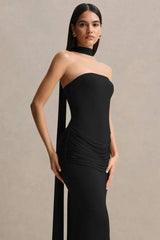 Strapless Choker Neck Gathered Waist Maxi Dress