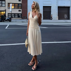 V-Neck Wrap Sleeveless Ruched Midi Dress