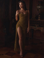 Floral Ruched Maxi Dress with sweetheart neckline and high slit
