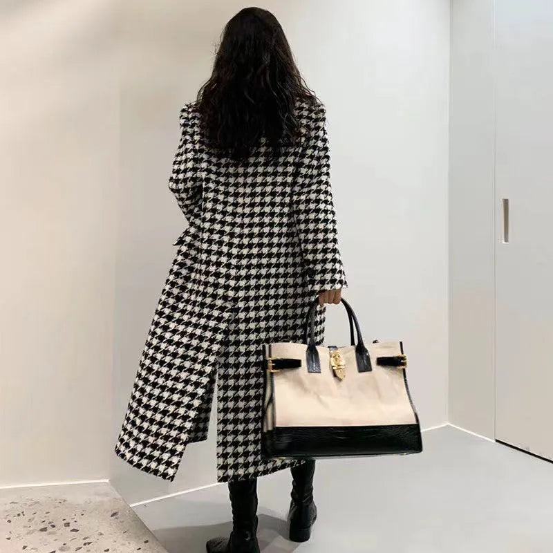 Houndstooth Faux Wool Jacket Thick Single Breasted Long Overcoat