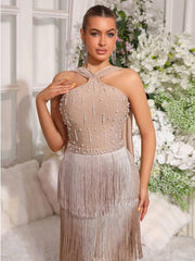 Beaded Halter Neck Fringed Column Dress