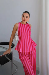 Striped Peplum Top and Wide Leg Pants Set