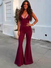 Lace Trim Spaghetti Strap Flare Jumpsuit