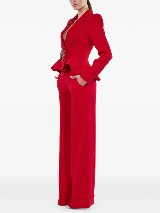 Red blazer and wide leg pant set side view