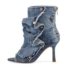 Peep Toe Pleated Snap Button Stiletto Heel Boots