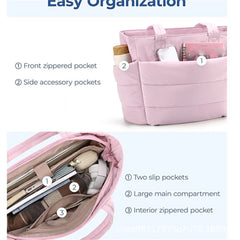 Pink organizer bag with labeled compartments on a white background